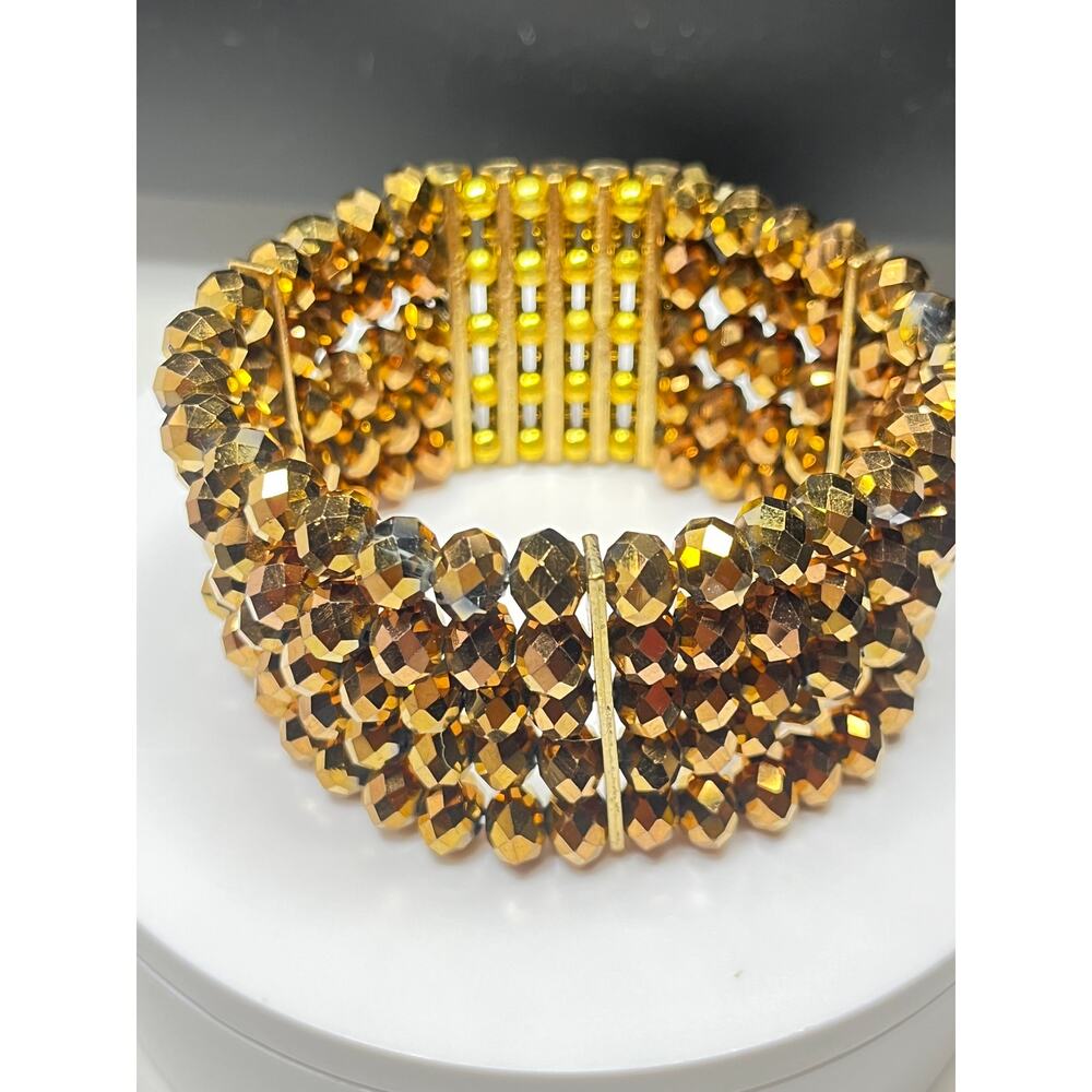 Vintage  Amber Facet Multi-Strand Beaded Stretch Bracelet- Rhinestone Bracelet - Picture 3 of 8